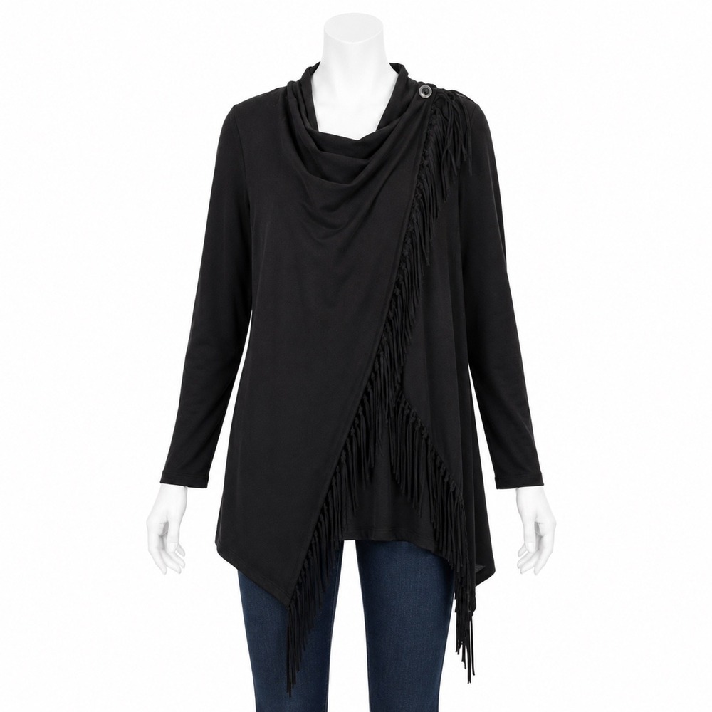Serena Williams Wrap Top Womens Medium Black Fringe Cowl Neck Asymmetric Tunic